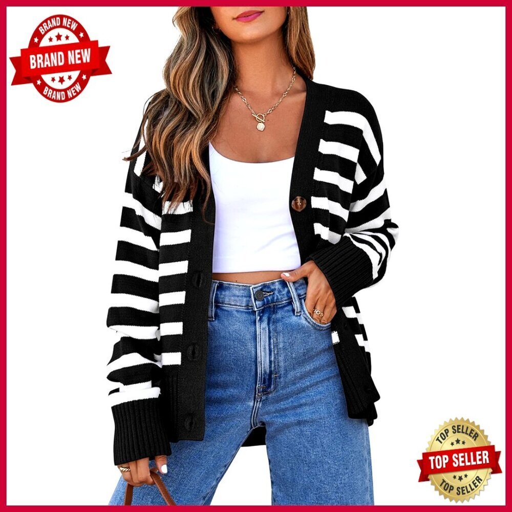 Lightweight V-Neck Cardigan Sweater, Long Sleeve Button Front, Striped Pattern